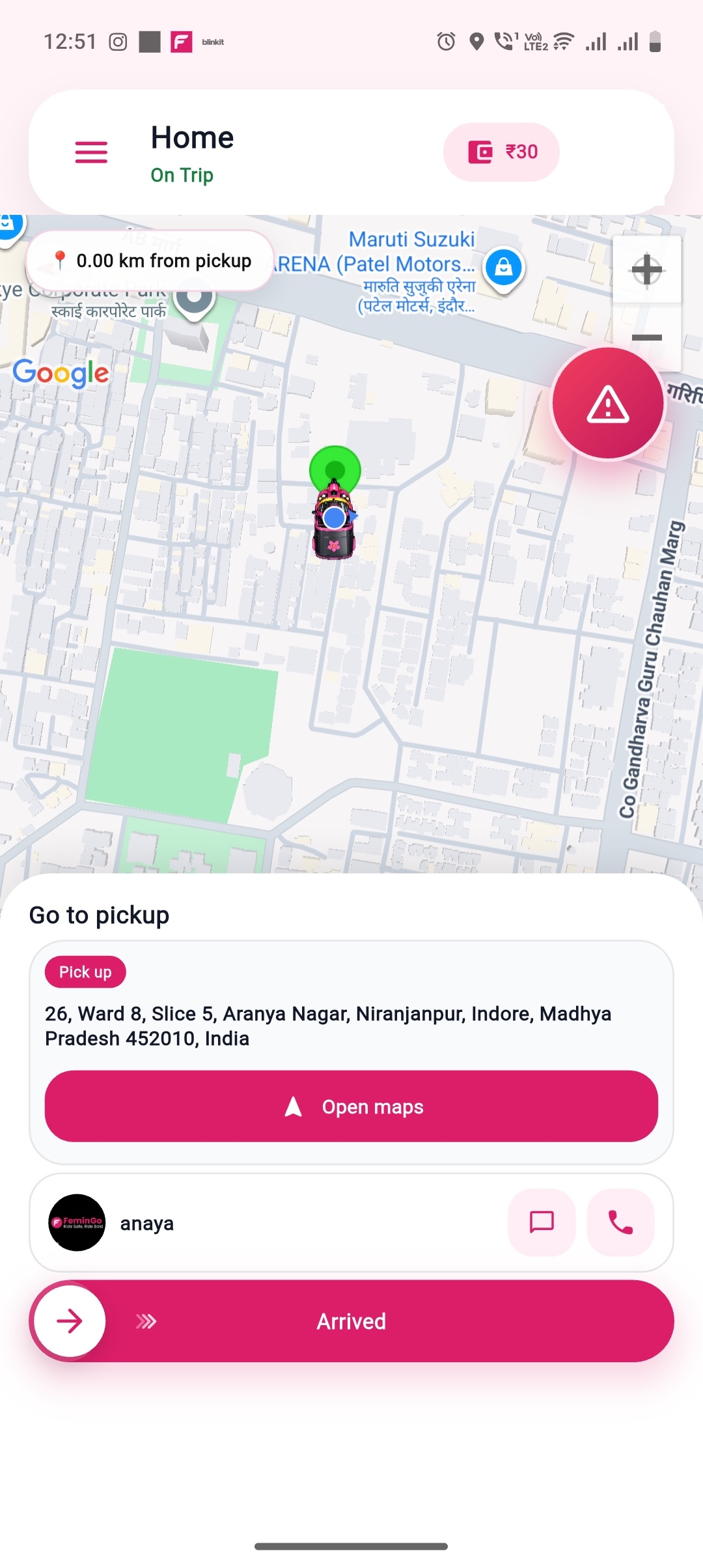 FeminGo rider app go to pickup screen